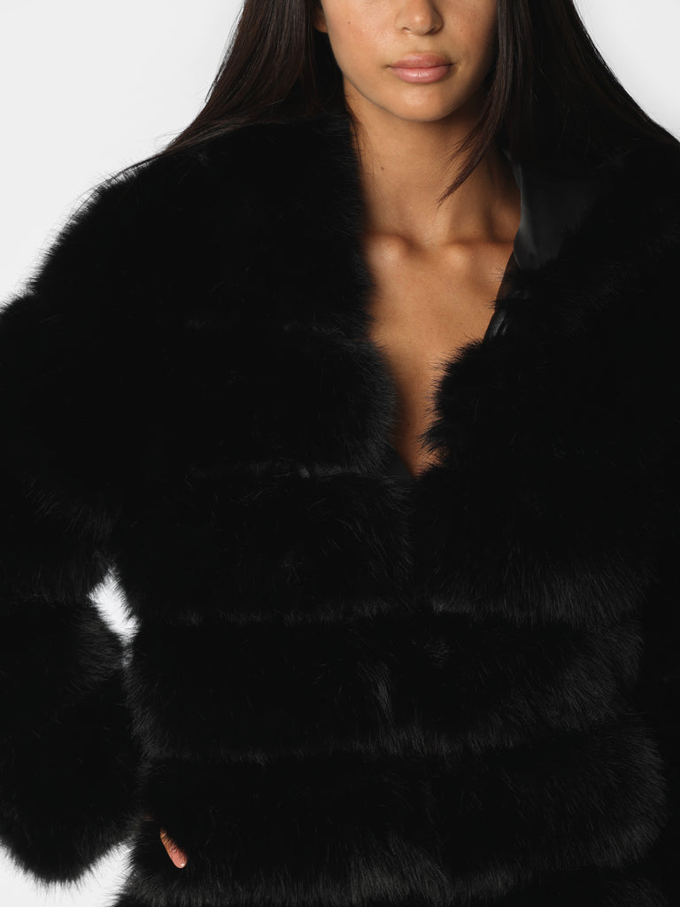 Woman wearing Black Faux Fur Coat