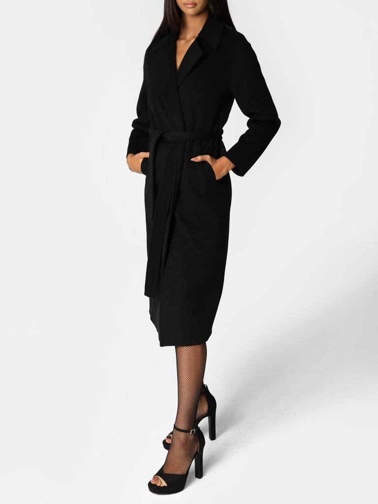 Woman wearing Black Cashmere & Merino Wool Coat