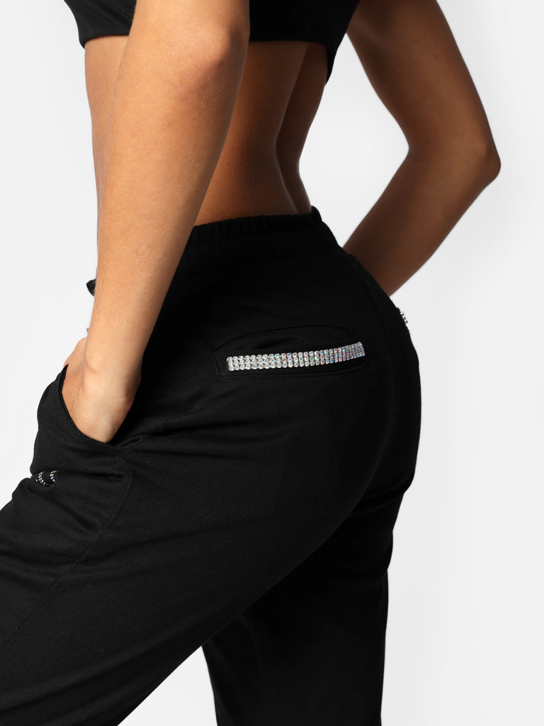 Woman wearing Crystal Pocket & Bedazzled Black Joggers