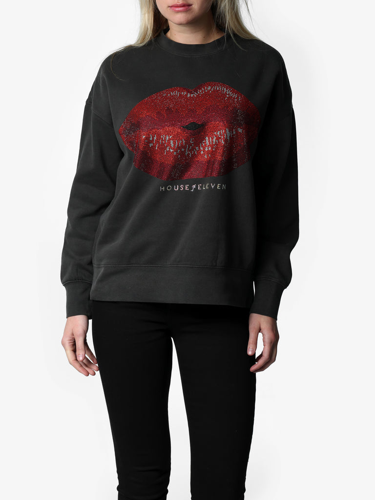 Woman wearing Bedazzled Big Lips Charcoal Sweater