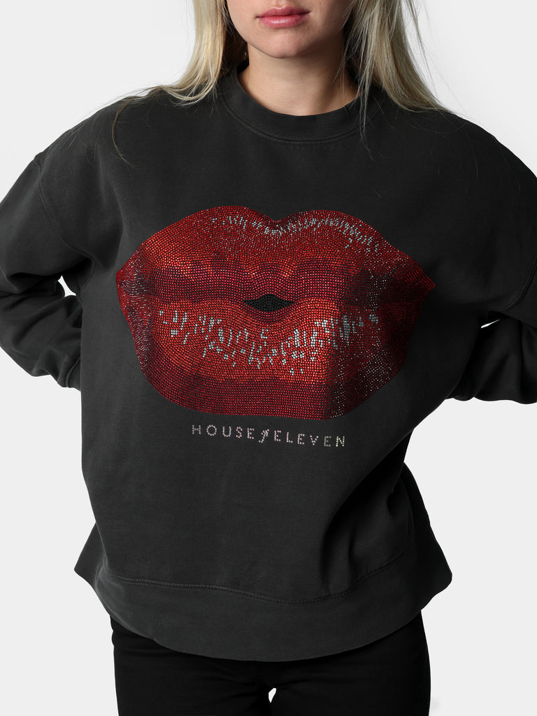Woman wearing Bedazzled Big Lips Charcoal Sweater