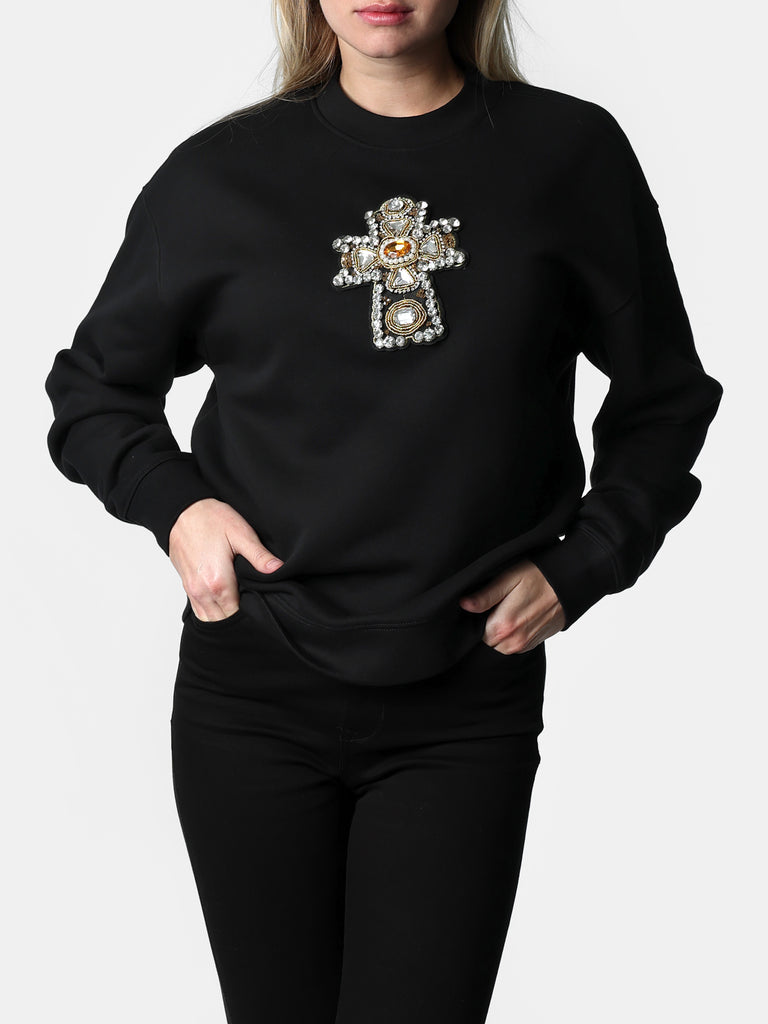 Woman wearing Crystal Cross Patch Black Crewneck Sweater