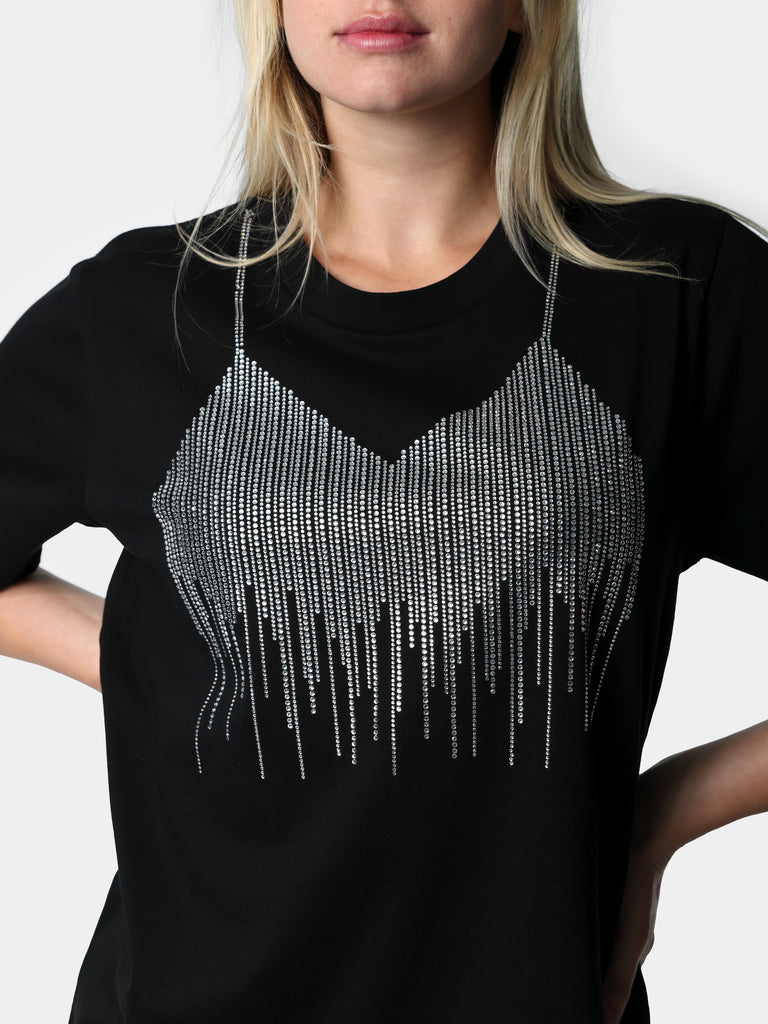 Woman wearing Bedazzled Crystal Fringe Bra Top Black T-Shirt