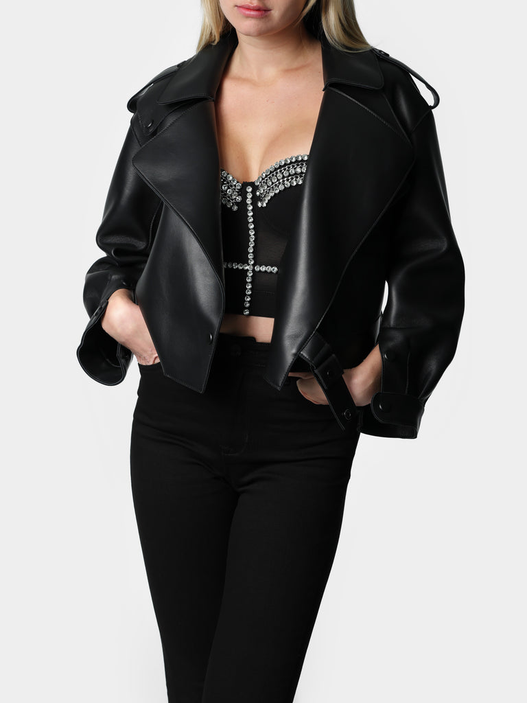 Woman wearing Biker's Sheepskin Black Leather Jacket