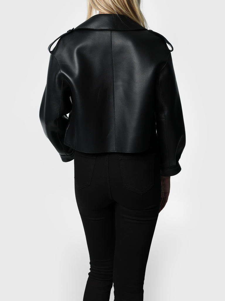 Woman wearing Biker's Sheepskin Black Leather Jacket