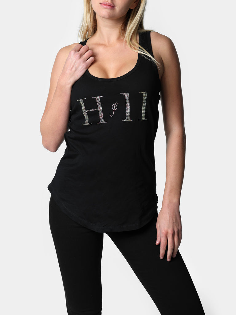 Woman wearing HOF11 Bedazzled Black Tank Top