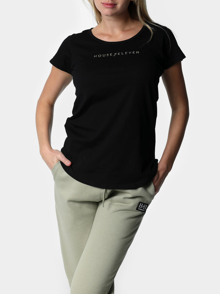 Woman wearing Bedazzled House of Eleven Black Tee