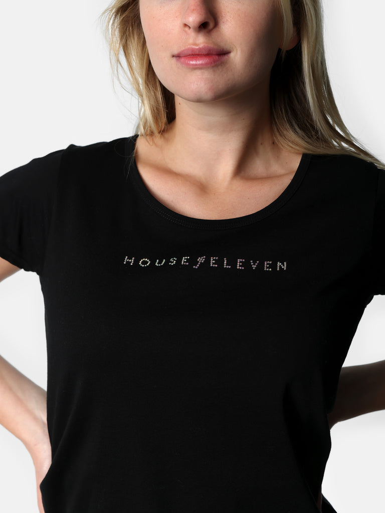 Woman wearing Bedazzled House of Eleven Black Tee