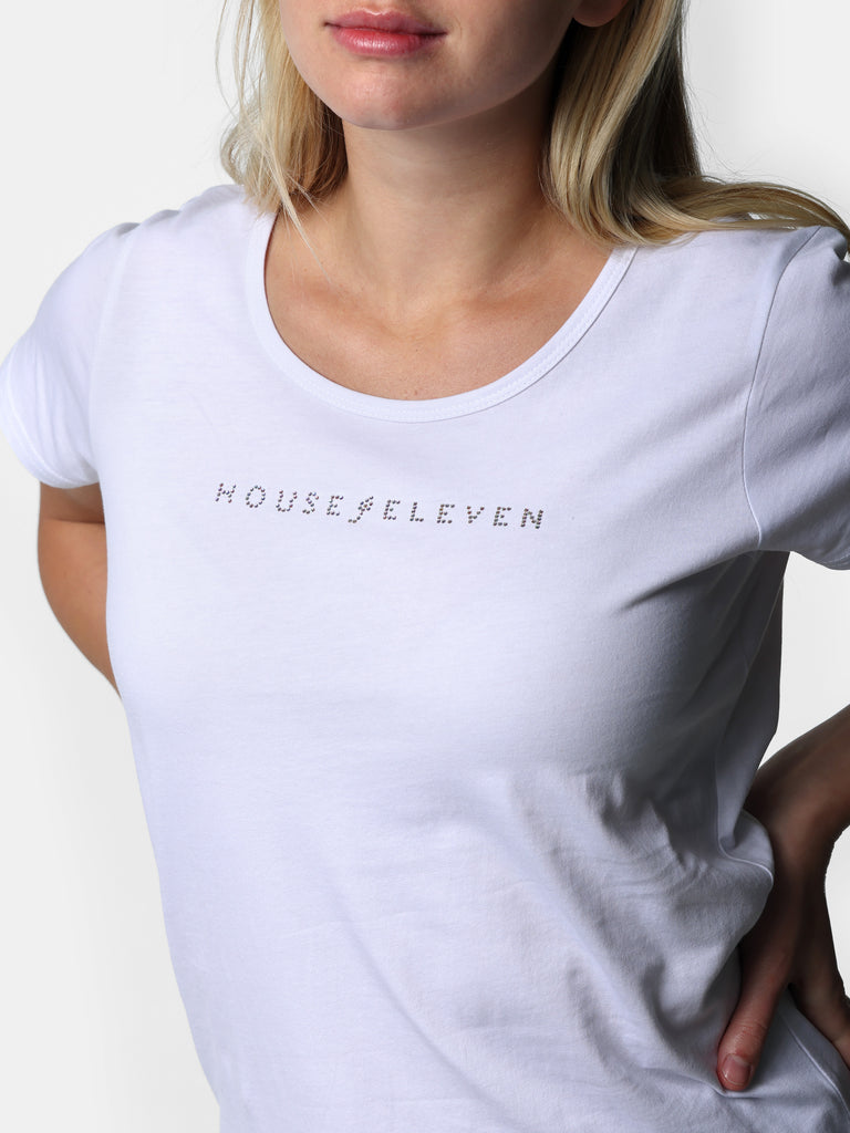 Woman wearing Bedazzled House of Eleven White Tee