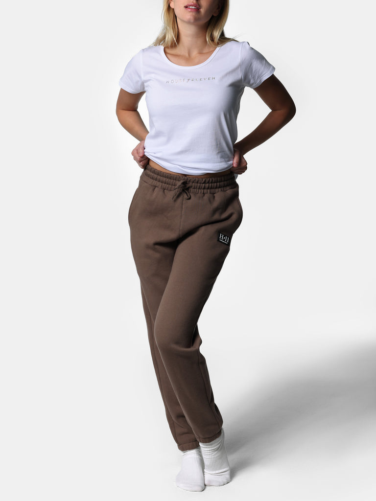 Woman wearing HOF11 Mini Logo Patch Chestnut Joggers