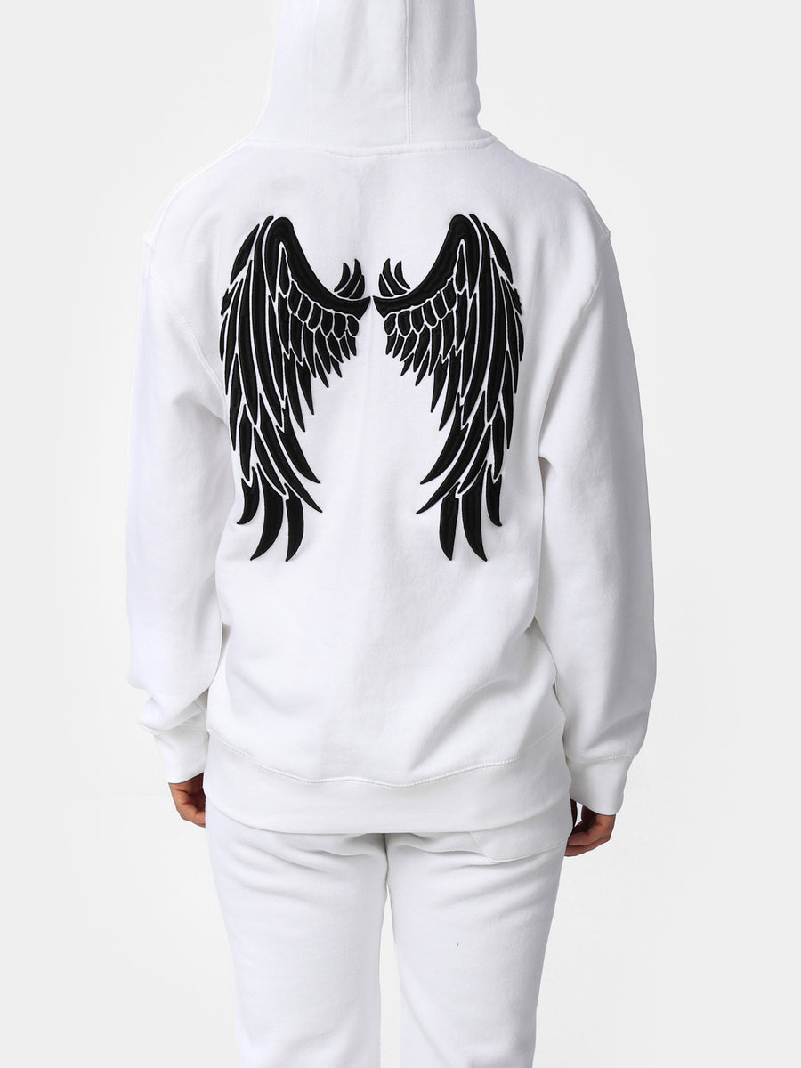 White Embroidered Wings Hoodie House of Eleven by Silva Twins