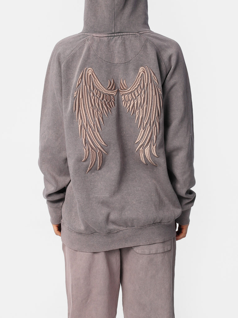 Woman wearing Lavender Vintage Wash Embroidered Wings Hoodie