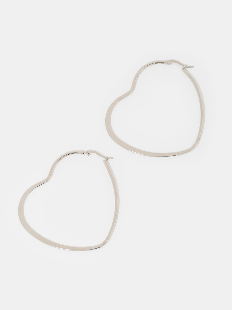 thin heart-shaped, silver hoop earrings