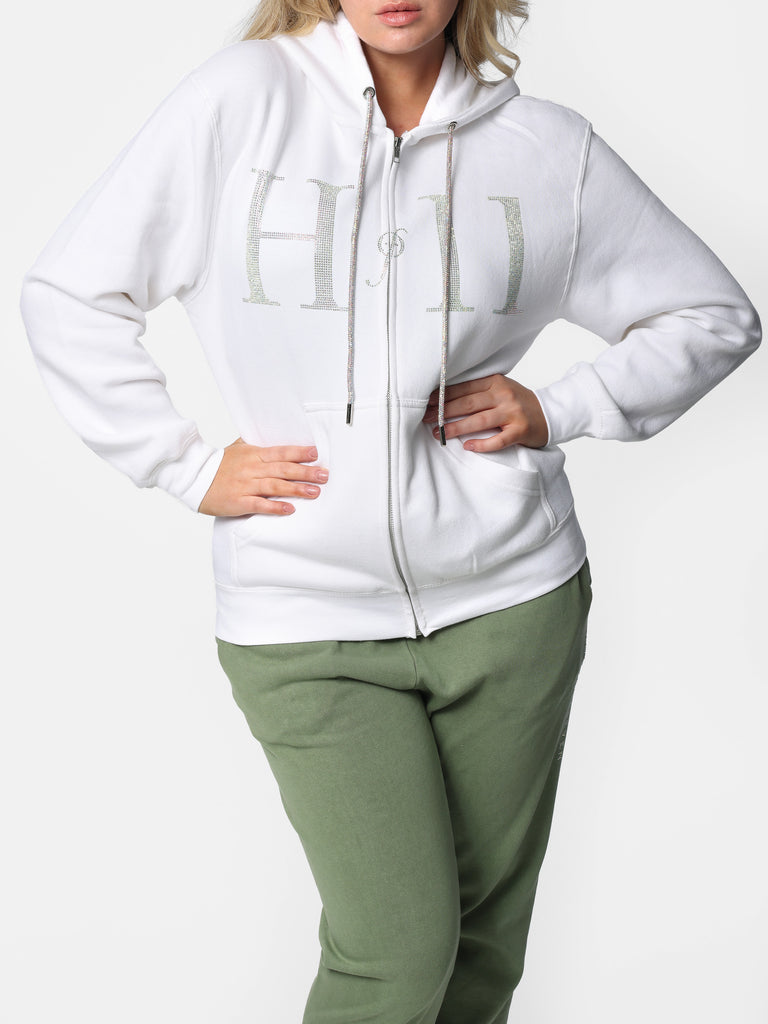 Woman wearing Zip-Up HOF11 Bedazzled White Hoodie
