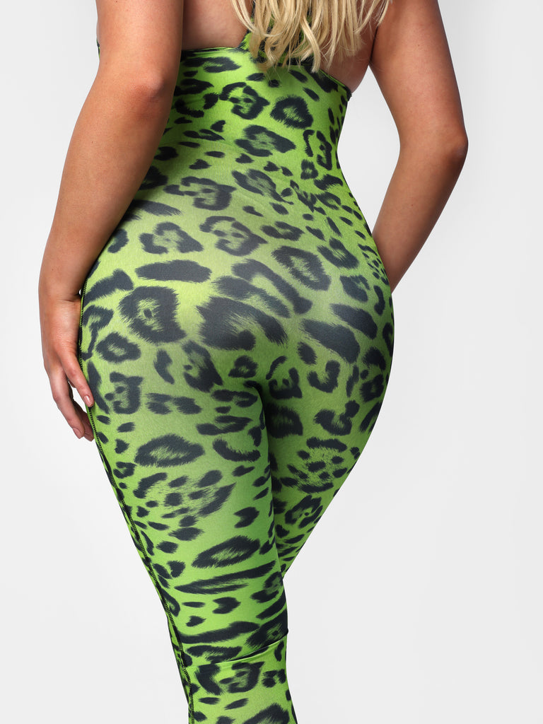 Woman wearing Green Leopard Sleeveless Catsuit