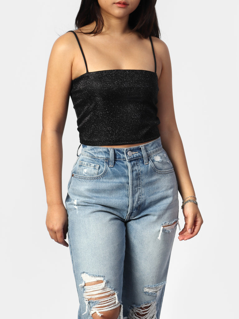 Woman wearing Darcey's Black Glitter Cropped Cami