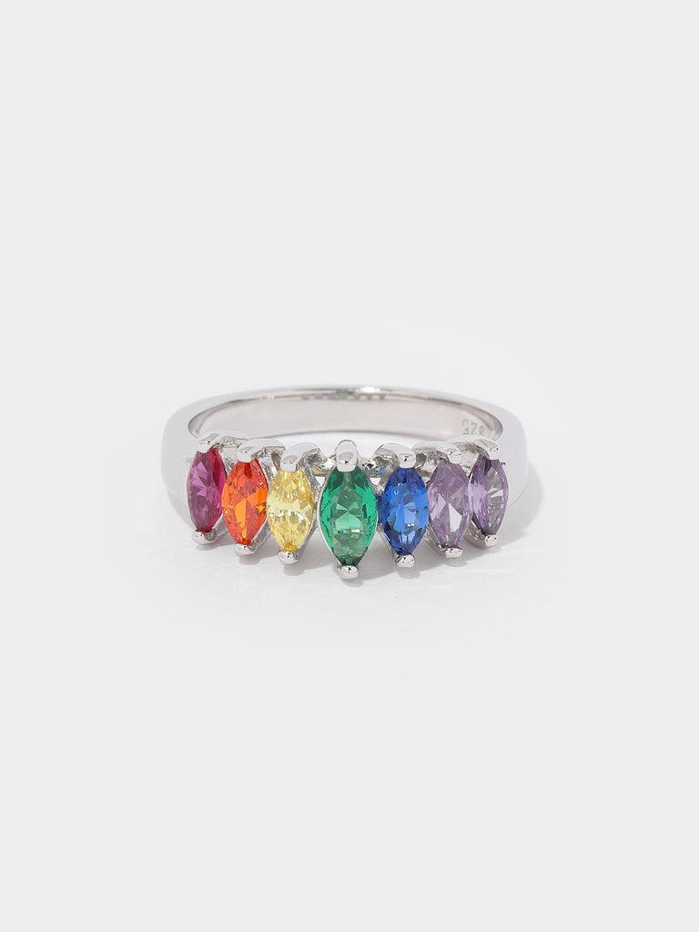 silver ring with seven marquise shaped gems in the colors; purple, lavender, blue, green, yellow, orange, and pink