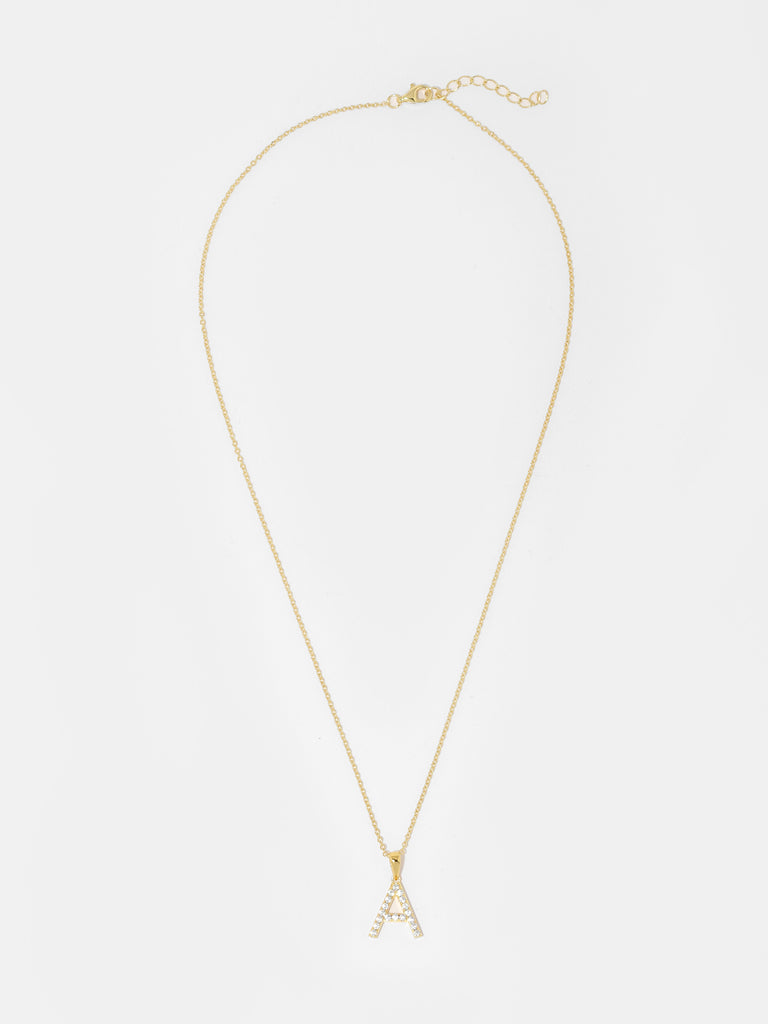 gold necklace with a pendant in the shape of letter A