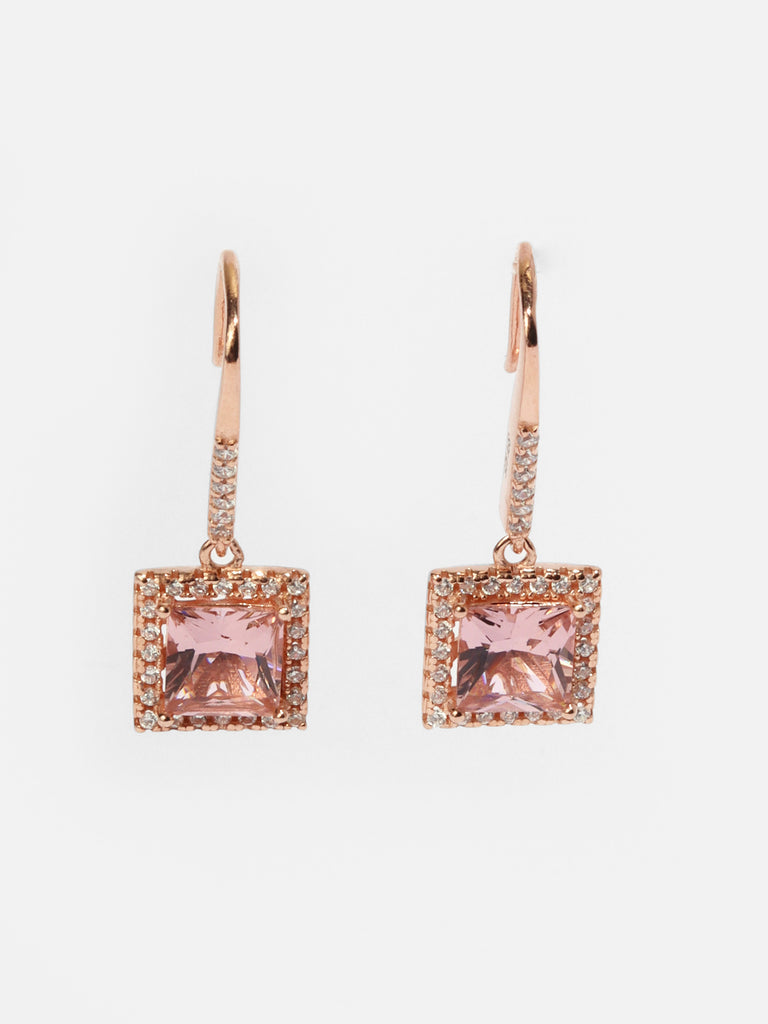 rose gold dangle hook earrings with large square, pink gem surrounded by small clear-colored crystal gems