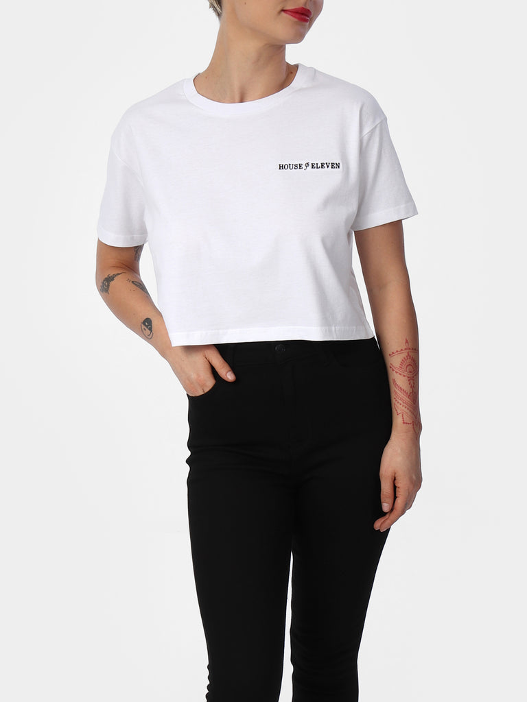 Woman wearing White House of Eleven Embroidered Cropped Tee