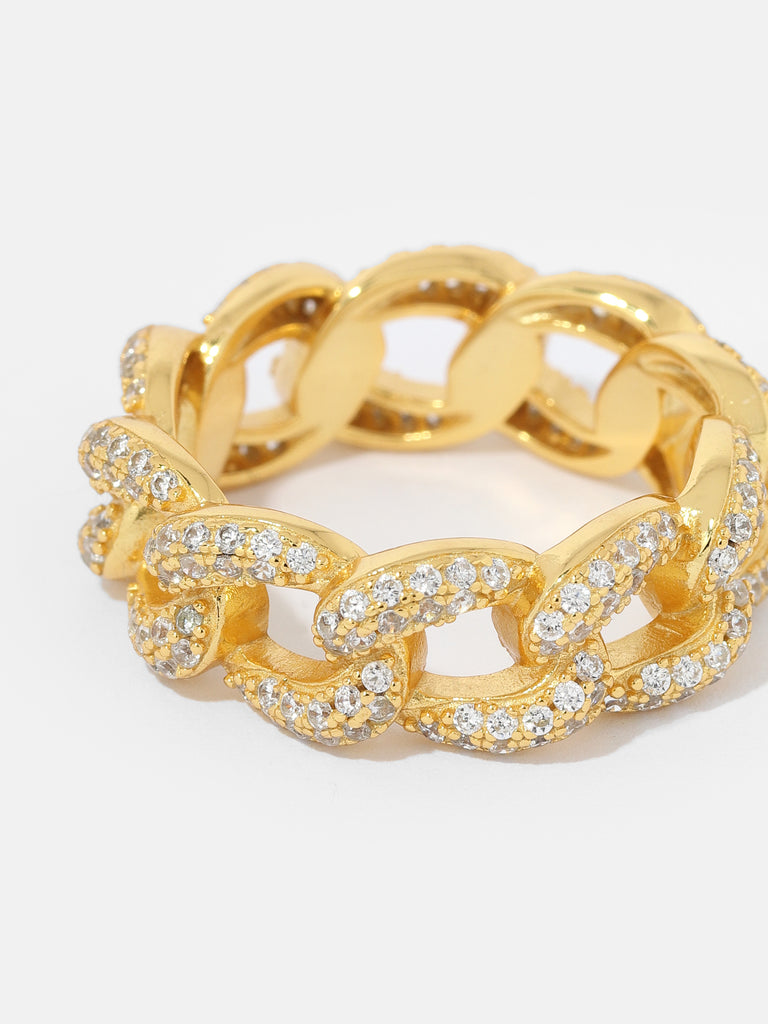 Image of gold ring with link shape motif over with small round, clear-colored crystals