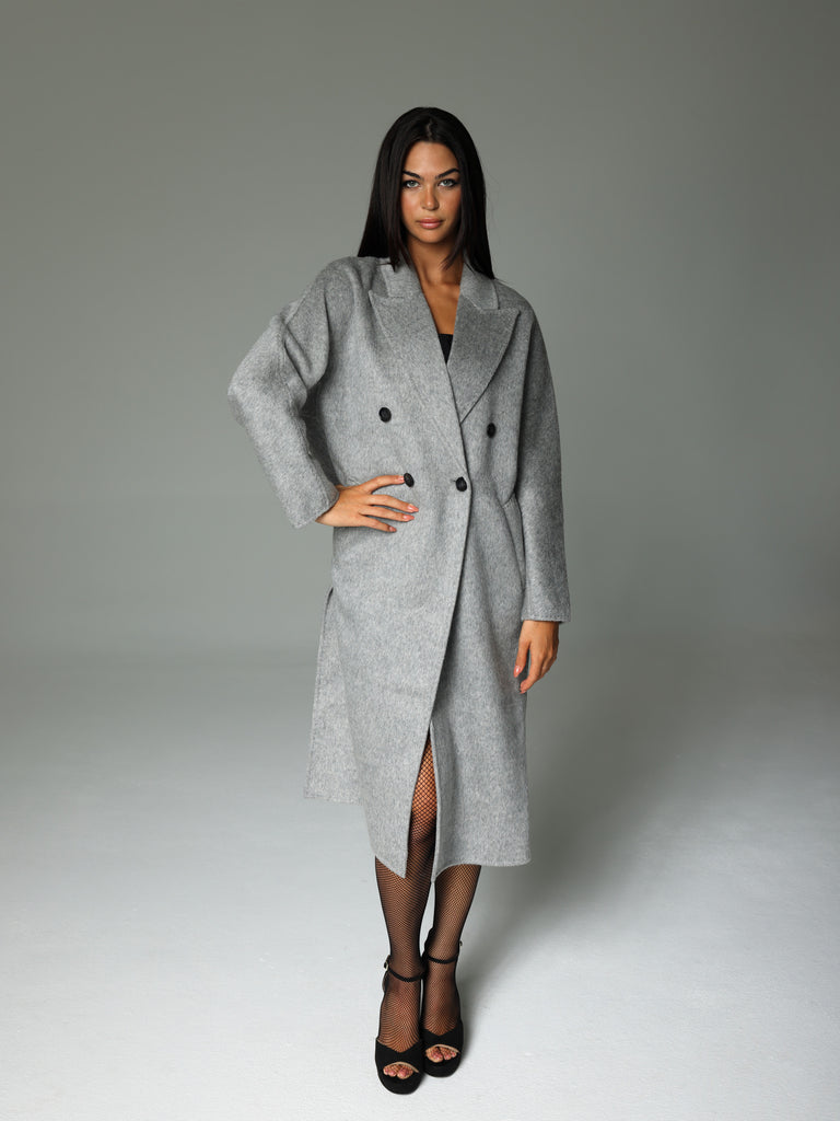 Woman wearing Gray Merino Wool Outer Coat