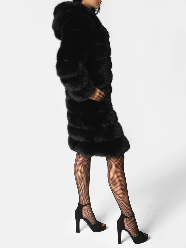 Woman wearing Black Faux Fur Coat