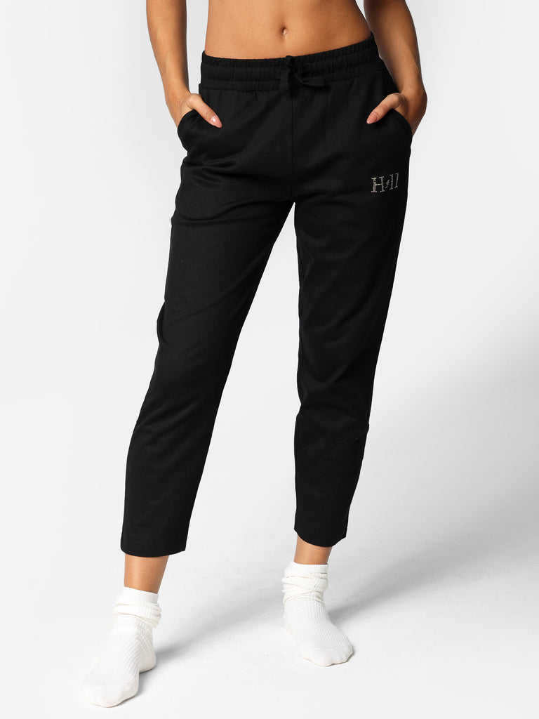 Woman wearing Crystal Pocket & Bedazzled Black Joggers