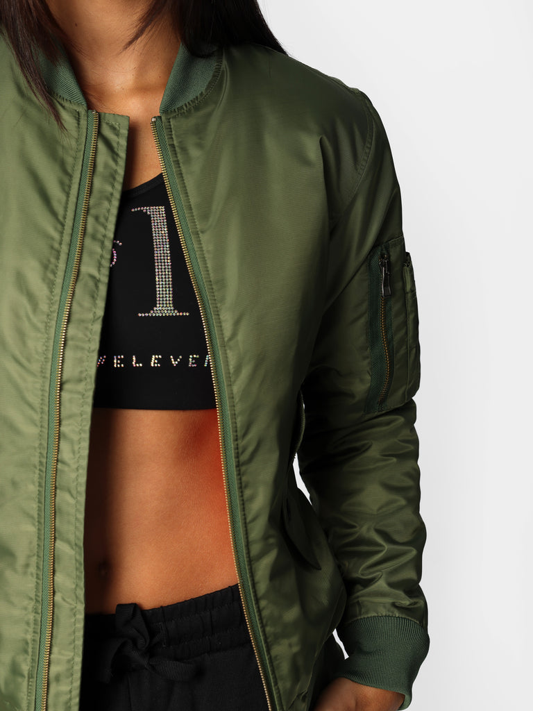 Woman wearing Military Green Embroidered Wings Bomber Jacket