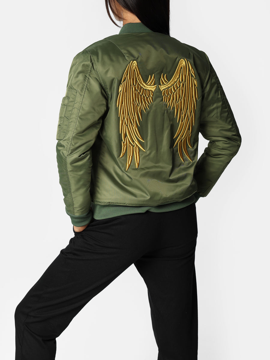 Military Green Embroidered Wings Bomber Jacket House of Eleven by
