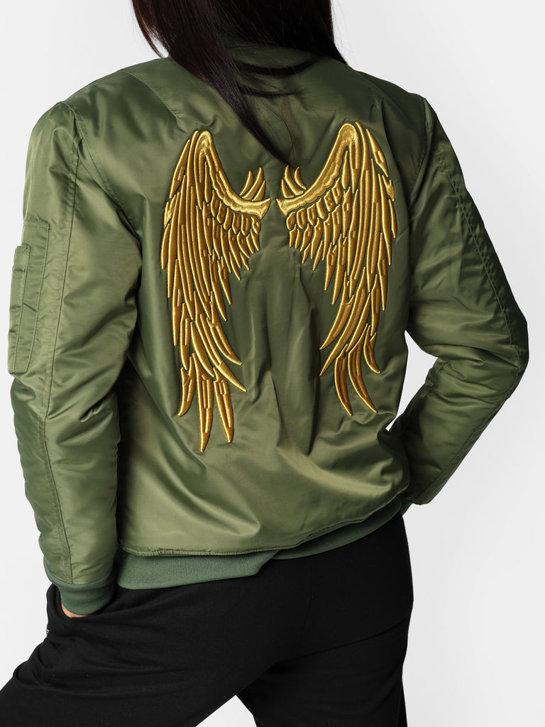 Woman wearing Military Green Embroidered Wings Bomber Jacket