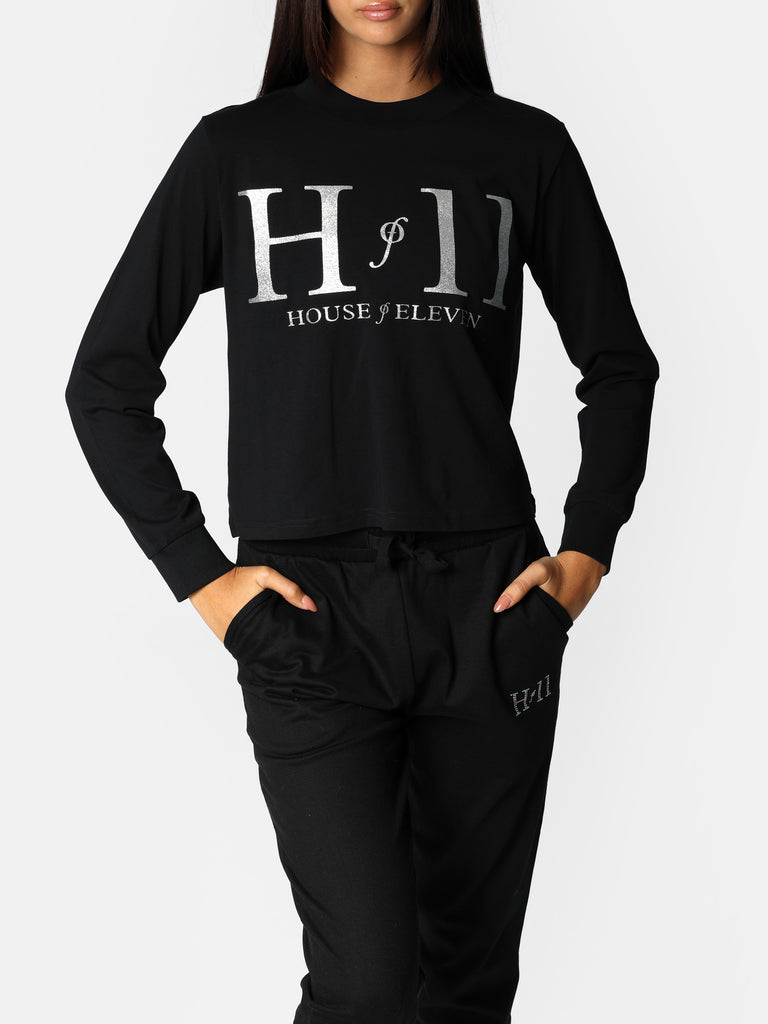 Woman wearing Black Long Sleeve Glitter HOF11 Shirt