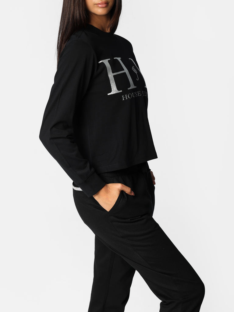 Woman wearing Black Long Sleeve Glitter HOF11 Shirt