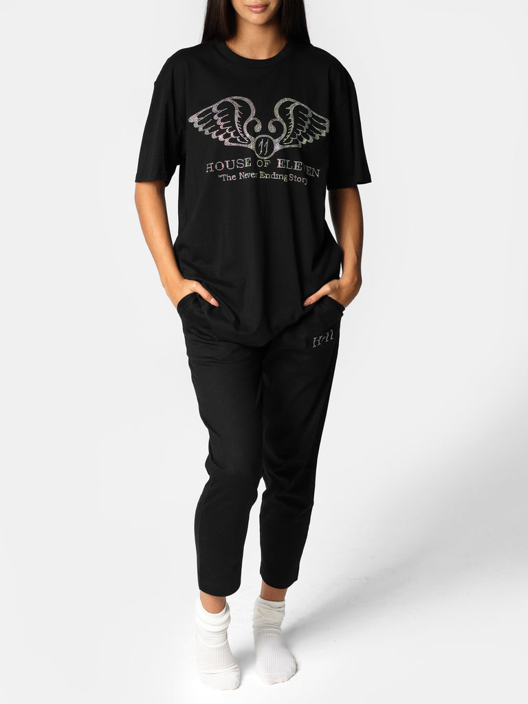 Woman wearing Bedazzled Wings Logo Oversized T-Shirt