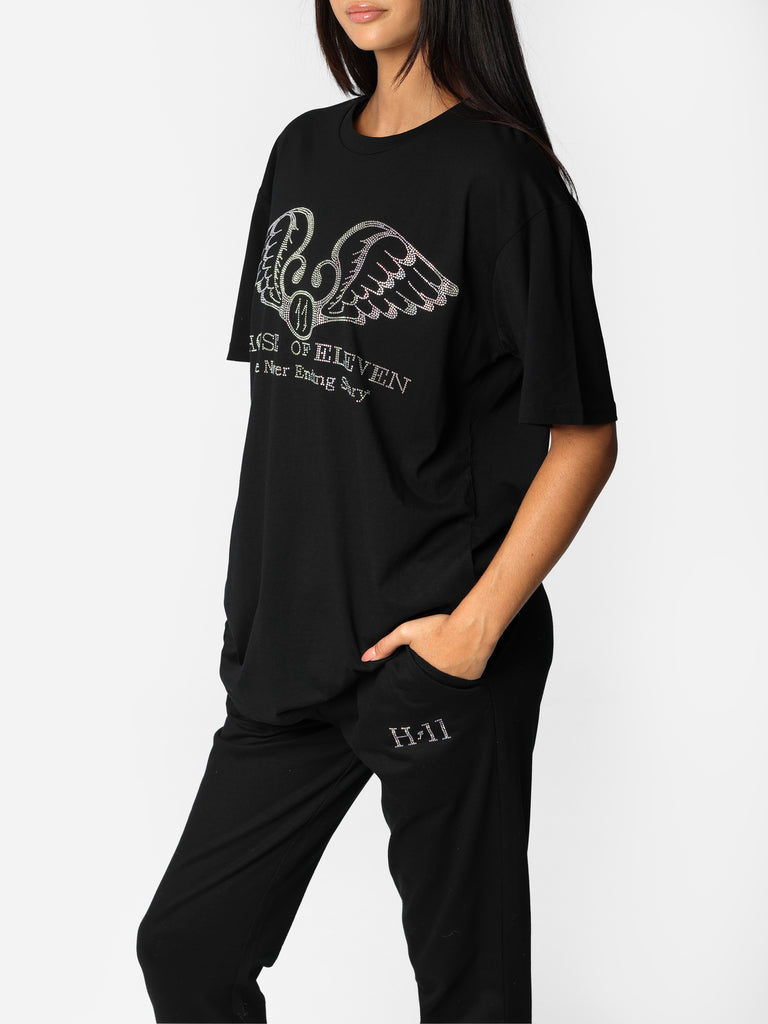 Woman wearing Bedazzled Wings Logo Oversized T-Shirt