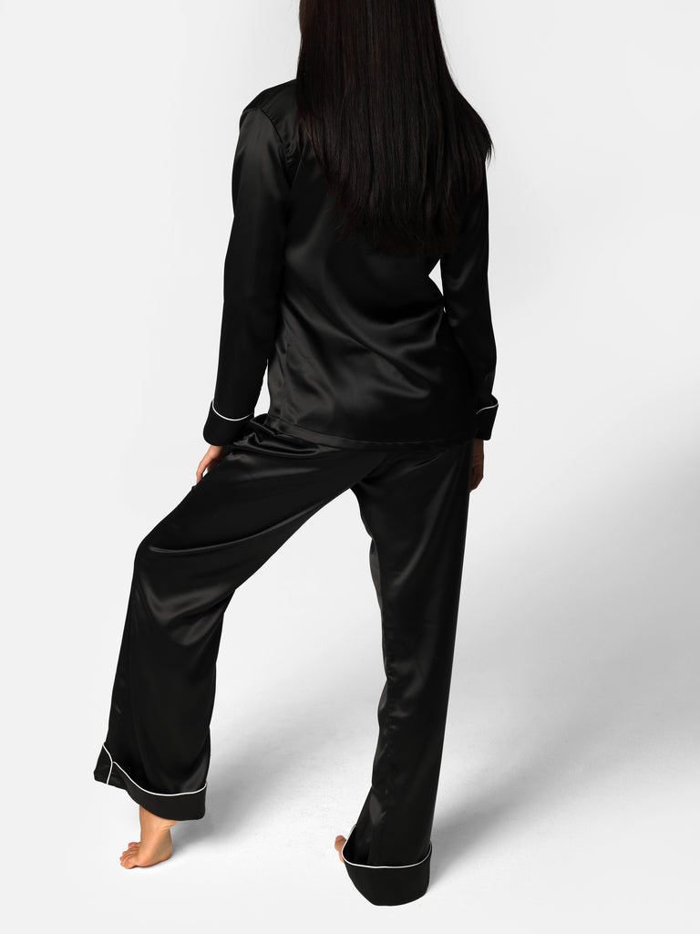 Woman wearing Black Satin Pajama Set