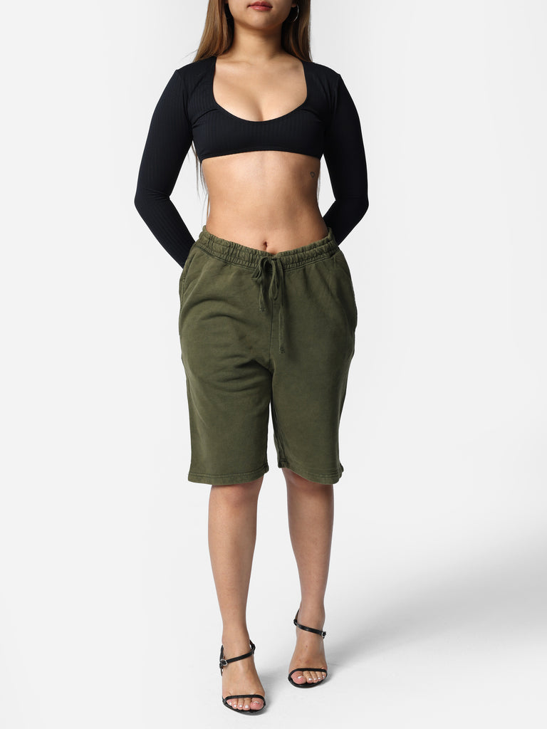Woman wearing Army Green Vintage Wash HOF11 Shorts