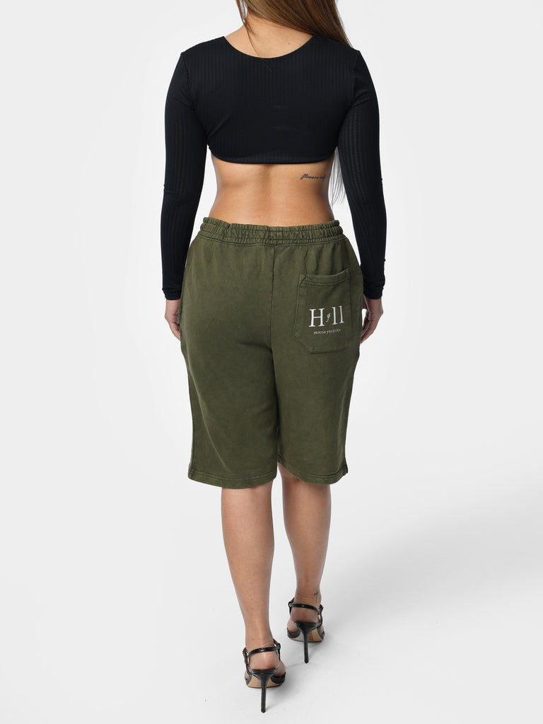 Woman wearing Army Green Vintage Wash HOF11 Shorts