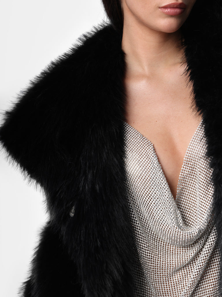 Woman wearing Black Faux Fur Jacket