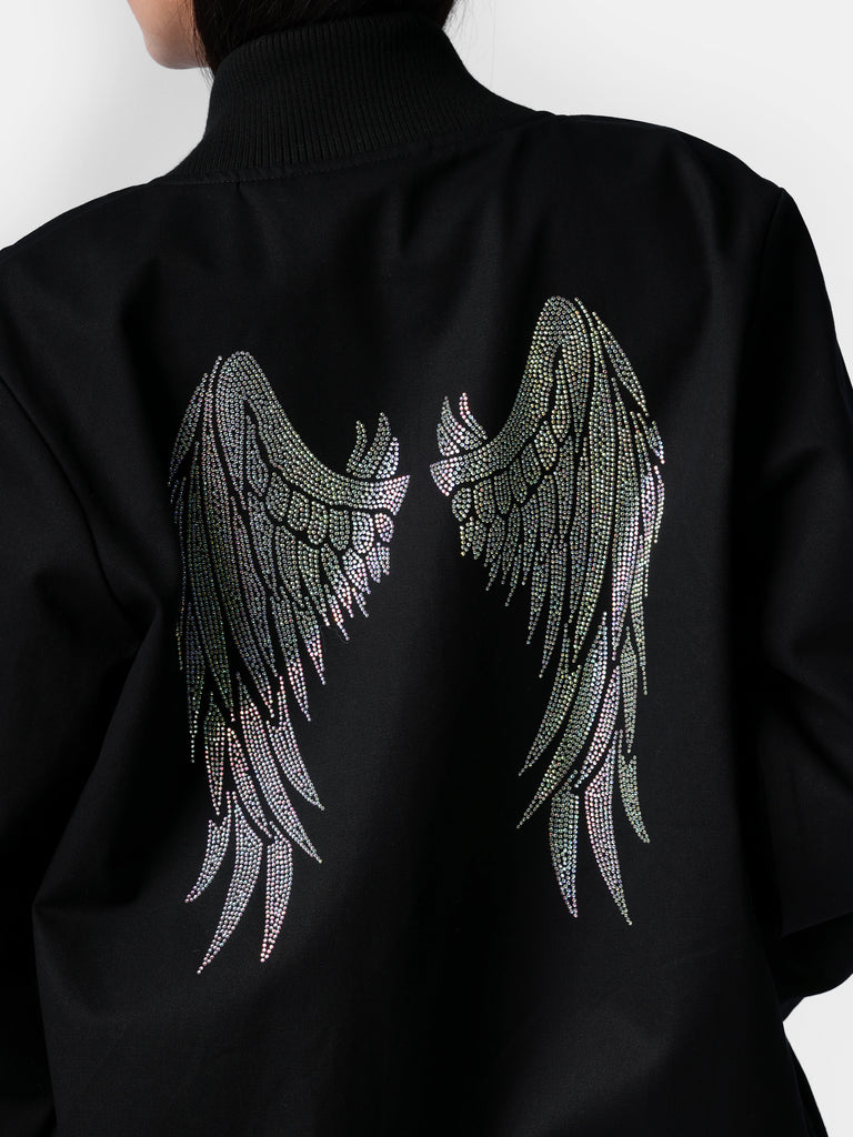 Woman wearing Angel Wings Black Bomber Jacket