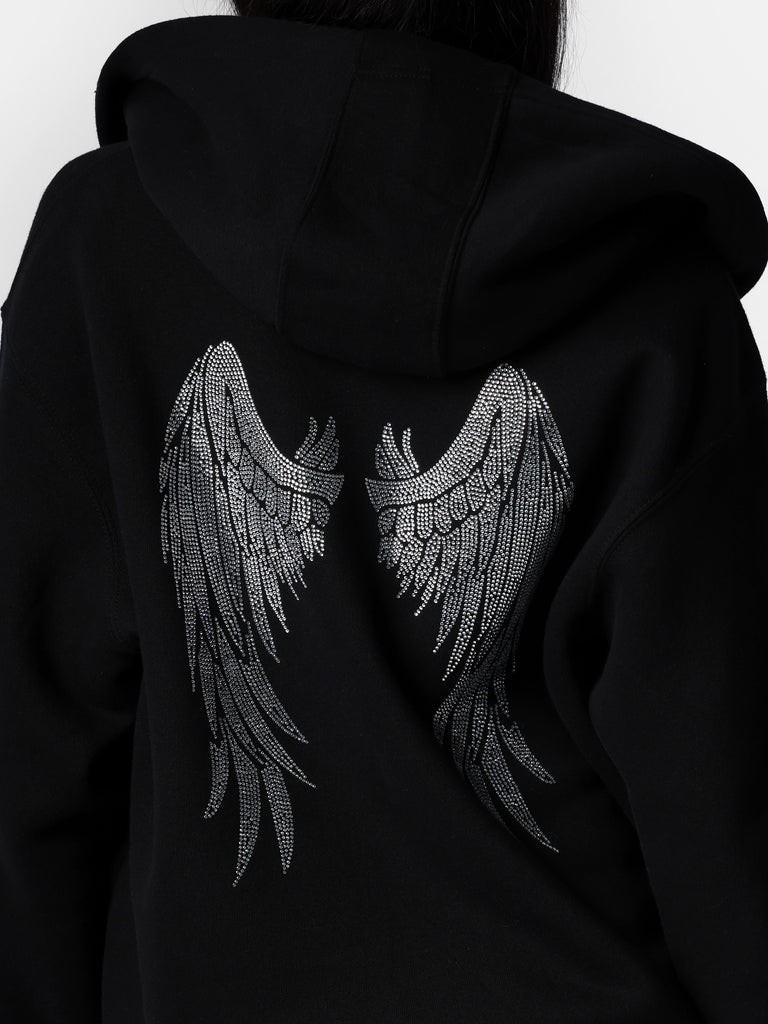 Woman wearing Zip-Up Bedazzled Angel Wings Hoodie