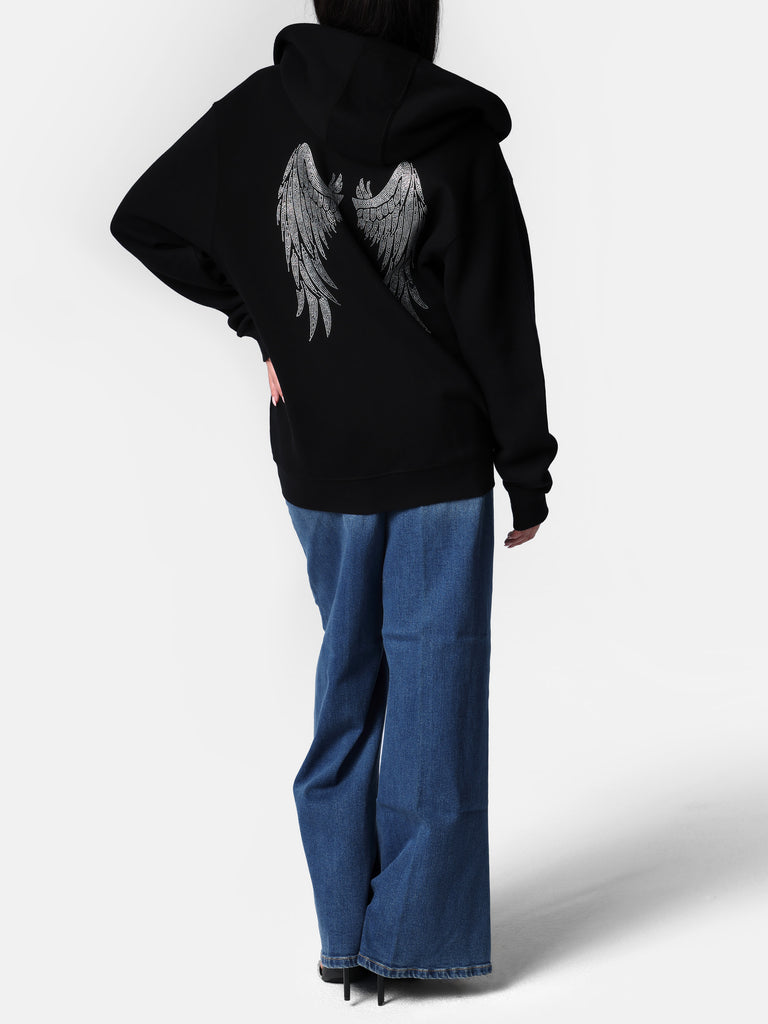 Woman wearing Zip-Up Bedazzled Angel Wings Hoodie