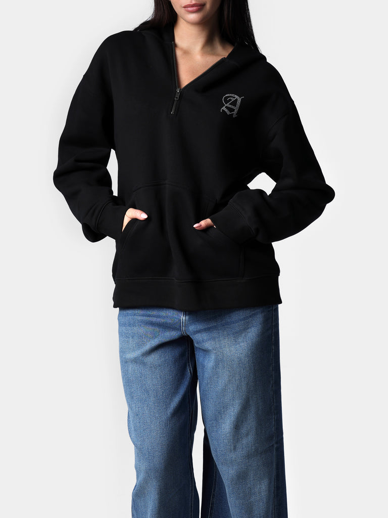 Woman wearing Bedazzled Initial & Wings Quarter Zip Black Hoodie