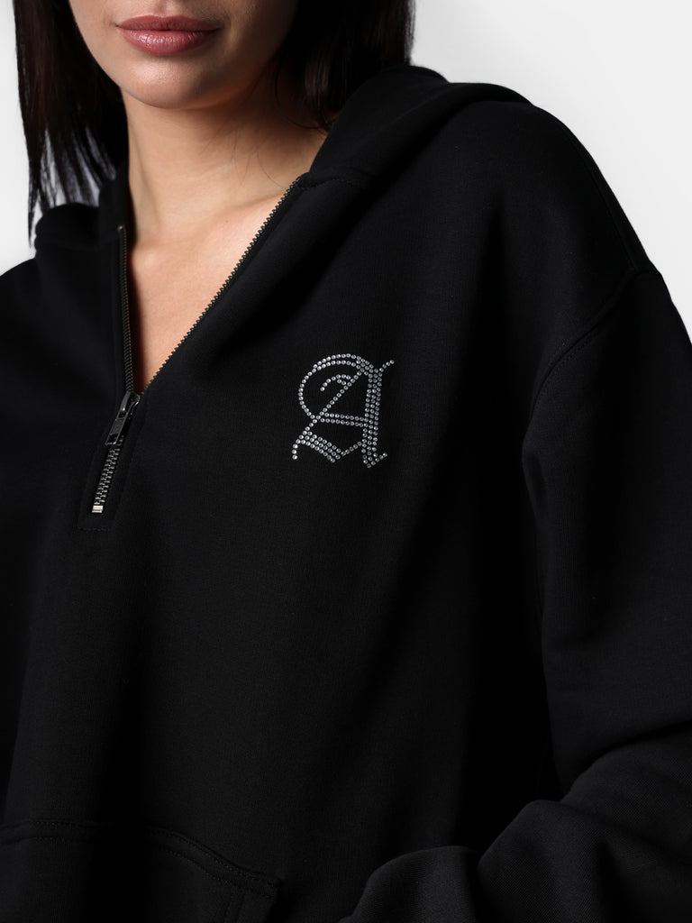 Woman wearing Bedazzled Initial & Wings Quarter Zip Black Hoodie