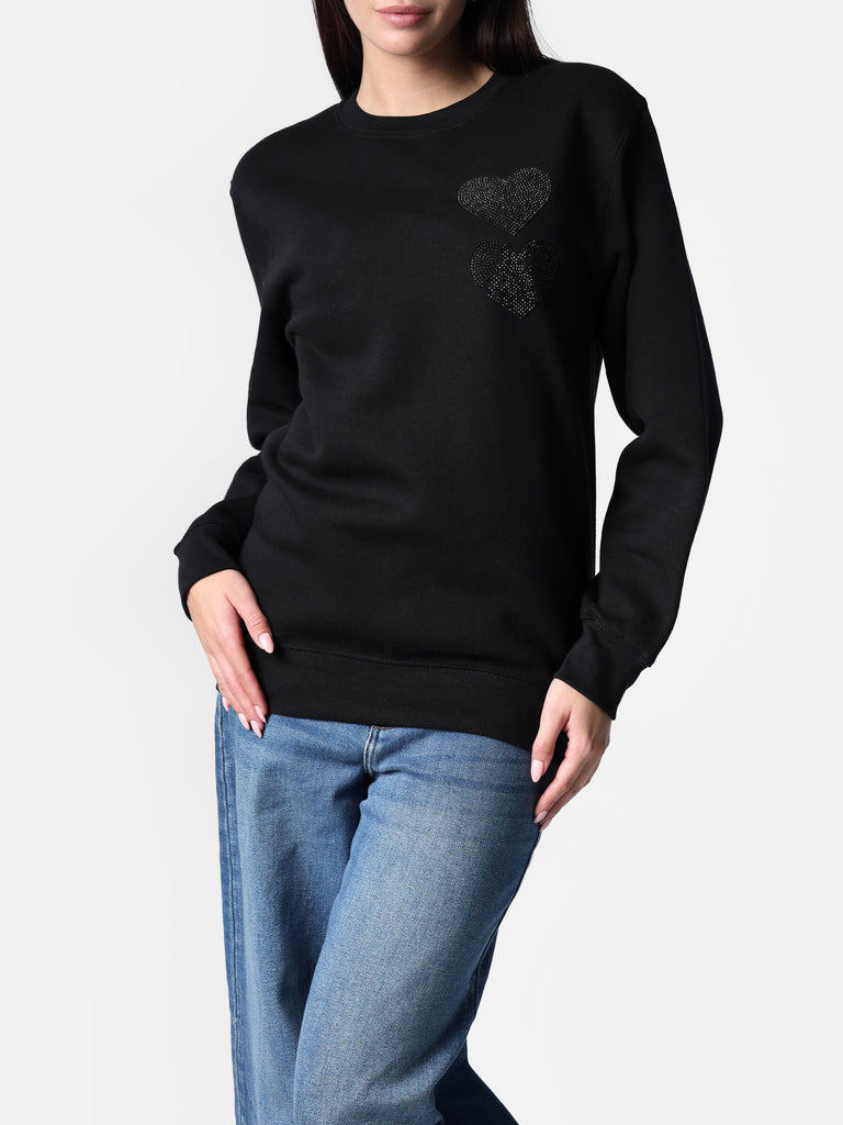 Woman wearing Bedazzled Black Twin Hearts Crewneck Sweater