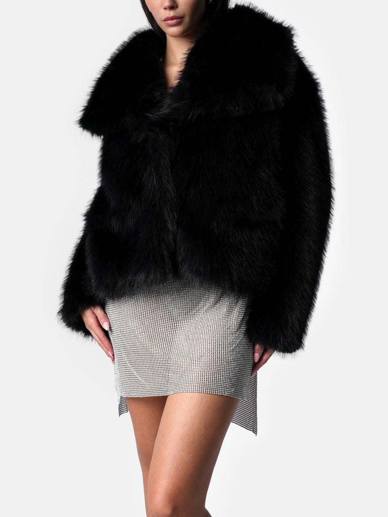 Woman wearing Black Faux Fur Jacket