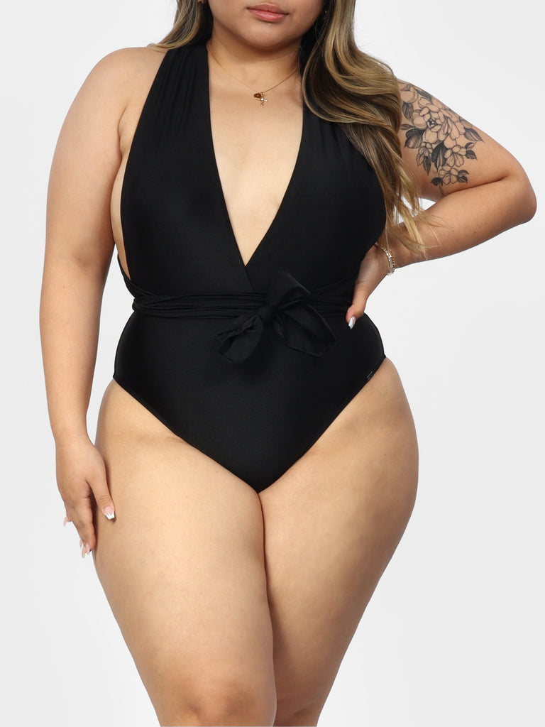 Woman wearing Black Silva Satin Swimsuit