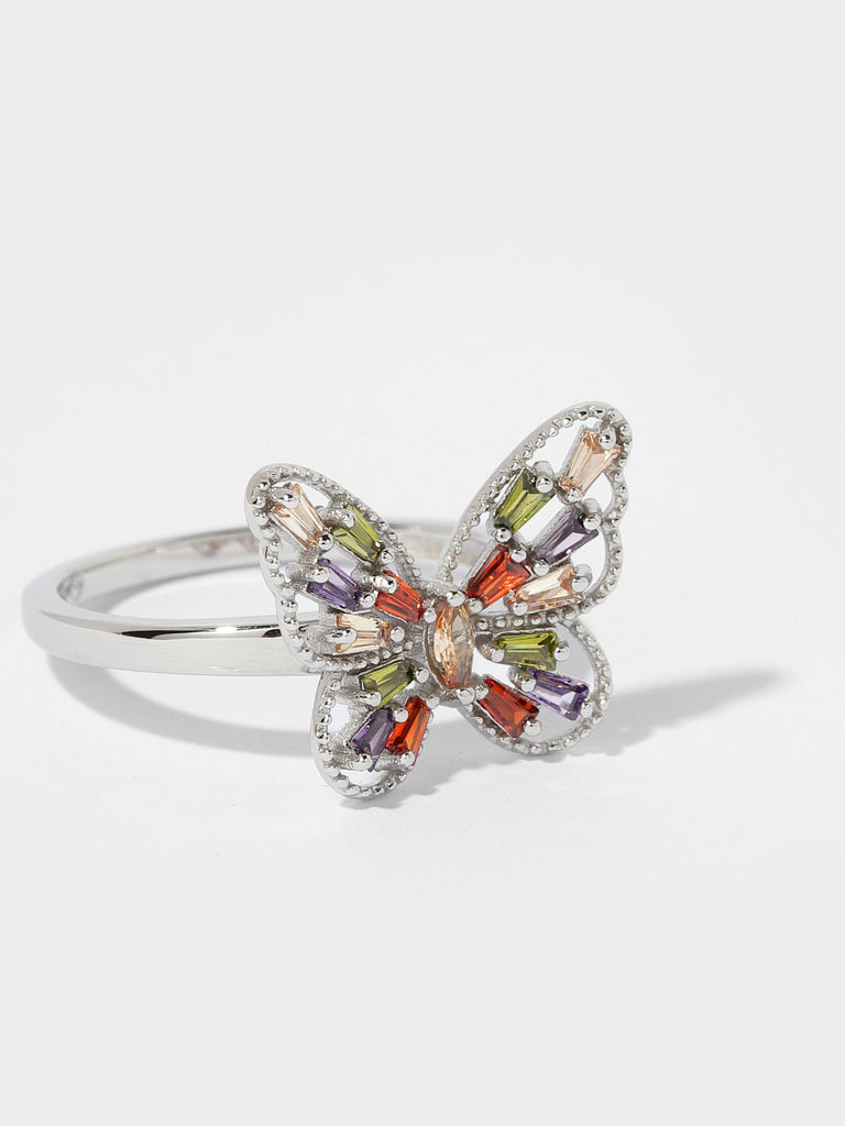 Product image of silver butterfly shaped ring with green, red, peach, and purple colored gems