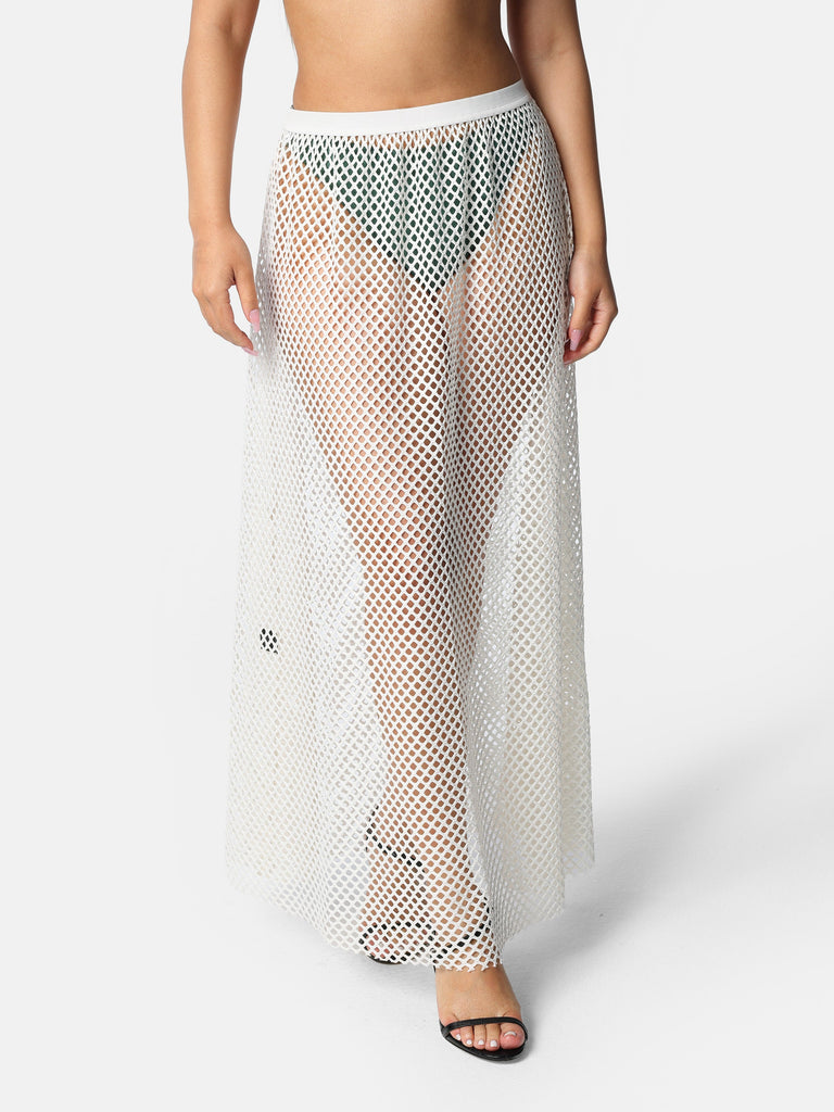 Woman wearing White Mesh Cover Up-Skirt