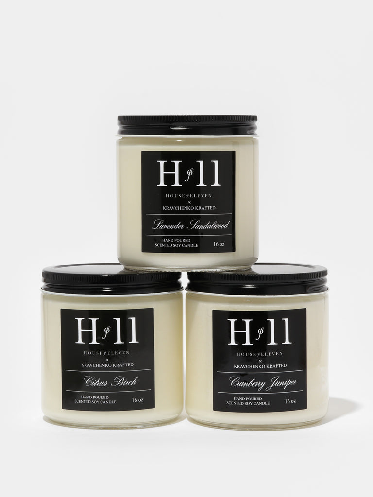 three HOF11 Scented Soy Candles stacked